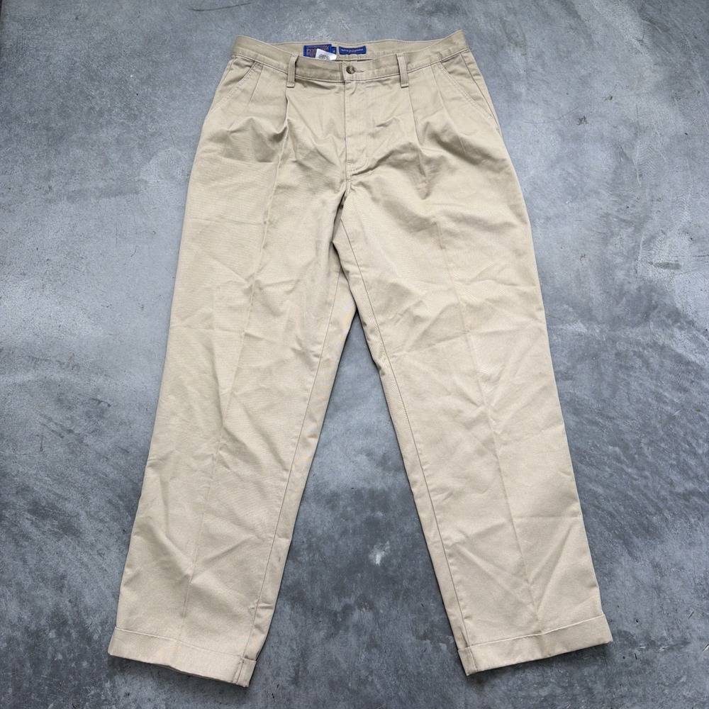 Pendleton Mens Pleated Chino Pants Khaki Tan Cuffed Cotton Twill 36x32 AL277